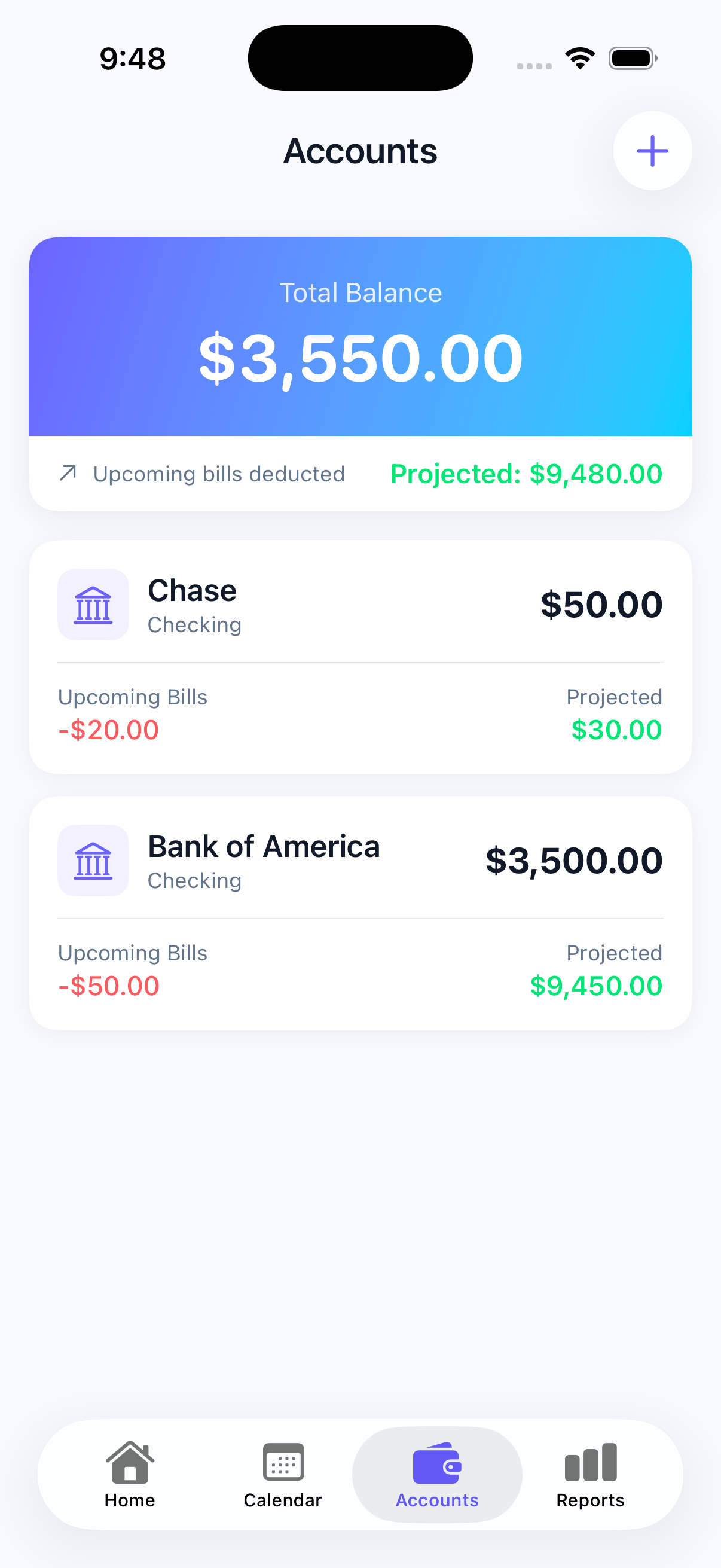 Accounts screen showing total balance and per-account projections