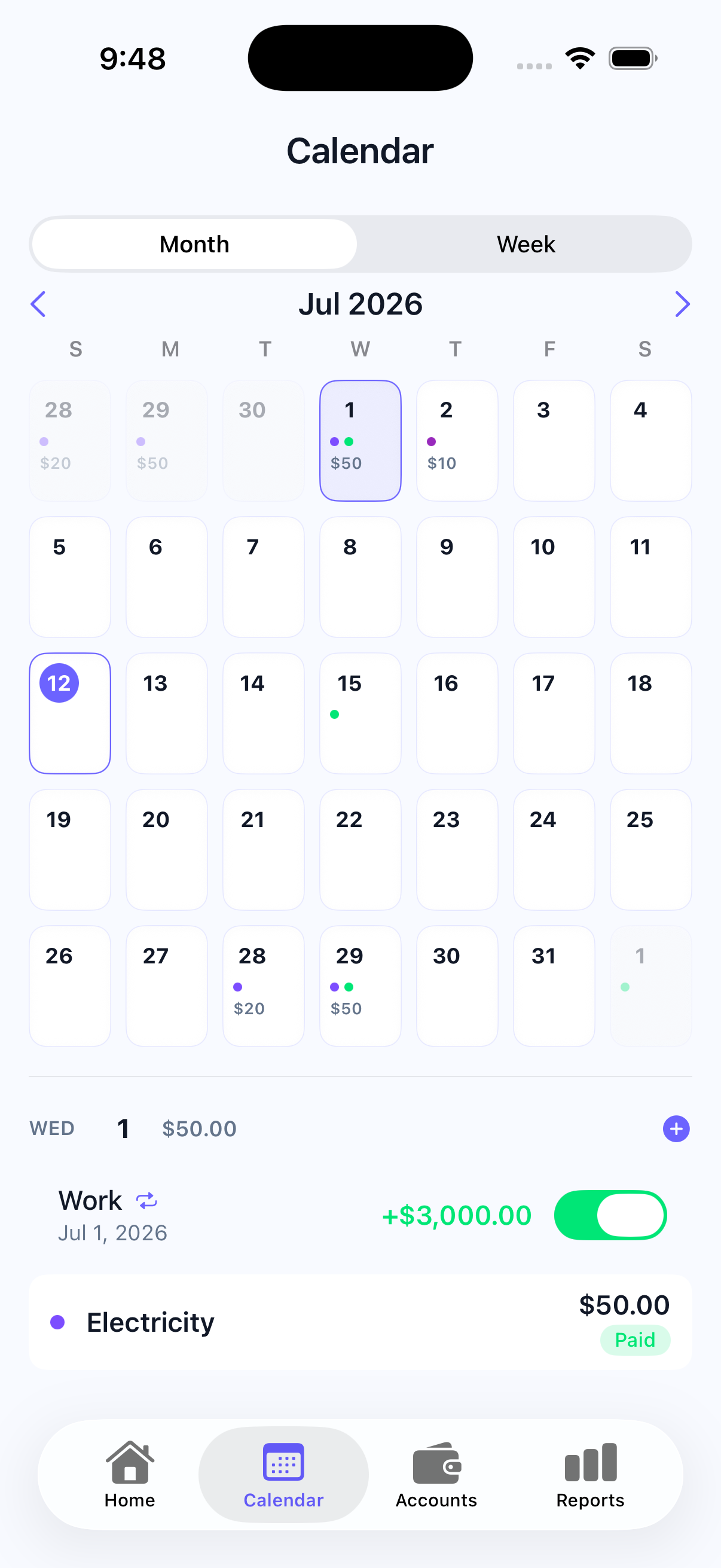 Calendar screen with bill and income markers on each day