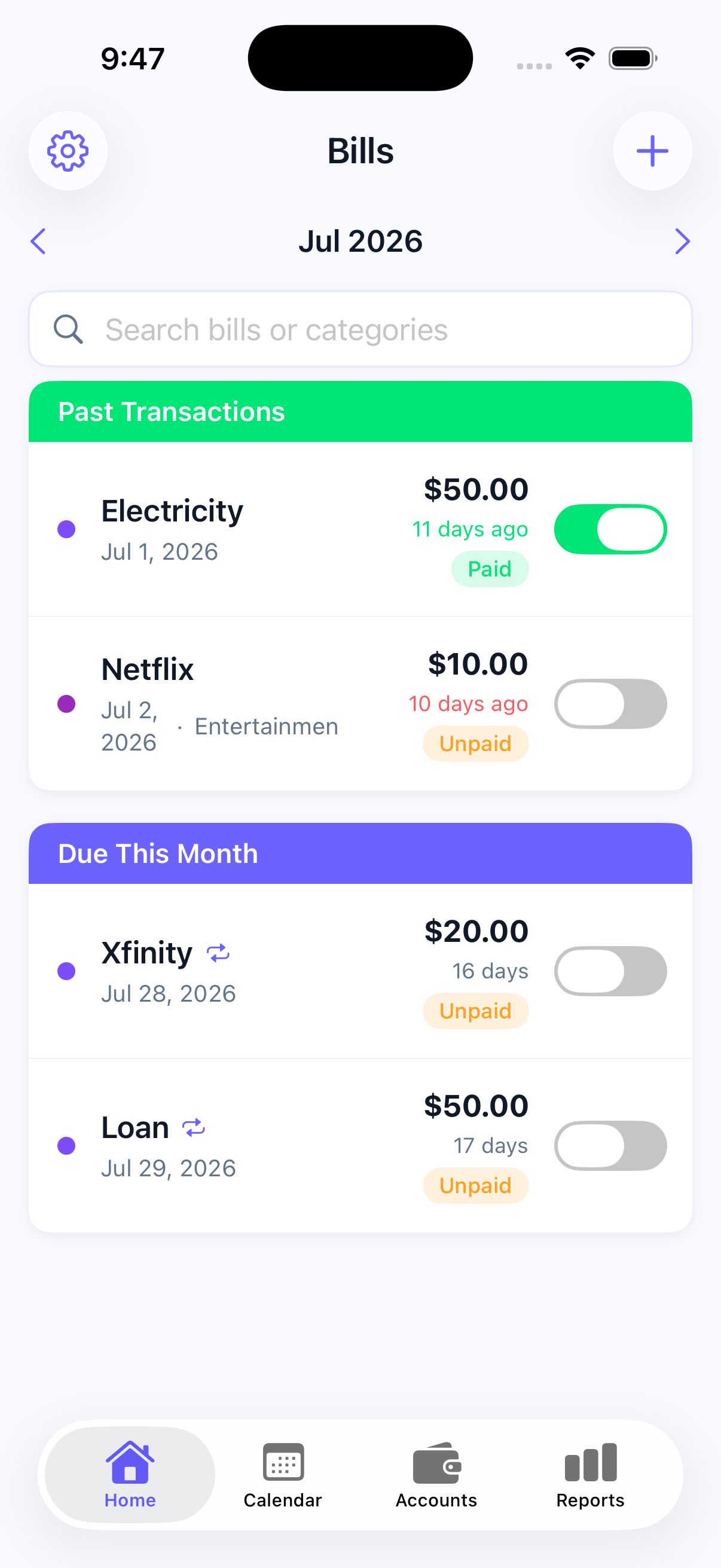 Dueline bills screen showing paid and upcoming bills